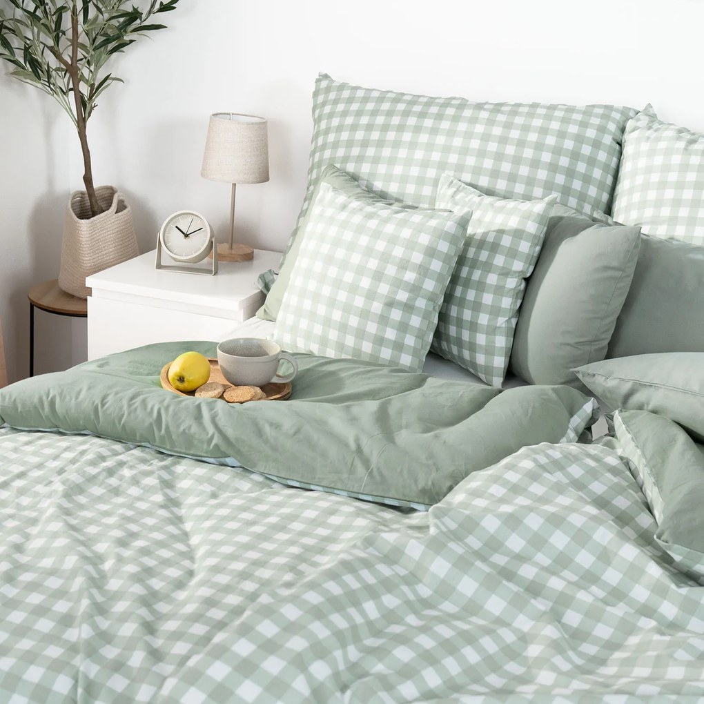 Goldea pamut ágyneműhuzat duo - zsálya színű kockás, zsálya színű hátoldal 150 x 200 és 50 x 60 cm