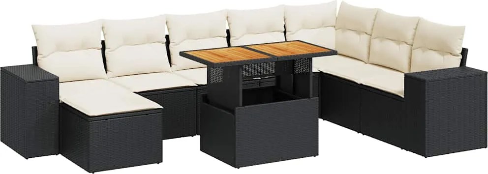vidaXL 9 részes fekete polyrattan akácfa kerti ülőgarnitúra párnákkal