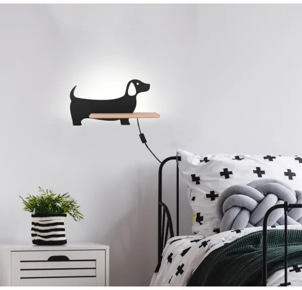 LED gyerekszoba falilámpa polccal DOG LED/5W/230V fekete/fa