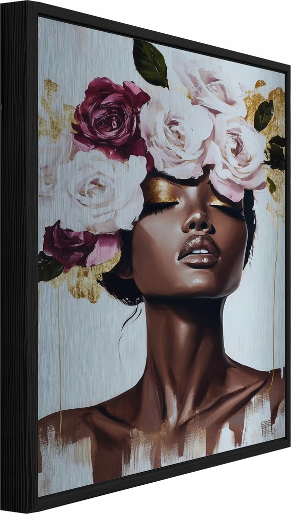 Vászonkép Fém Fekete Keretben Nő Virágok Rózsák Nappali Hálószoba 120x80