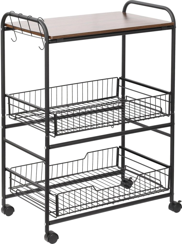 HOMCOM 3 Szintes Konyhai Kocsi, Szolgáltató Kocsi, Görgős Tároló Kocsi 2 Kihúzható Kosárral, Polccal és Oldalsó Kampókkal, 60 x 38 x 85.5 cm, dió | Ao