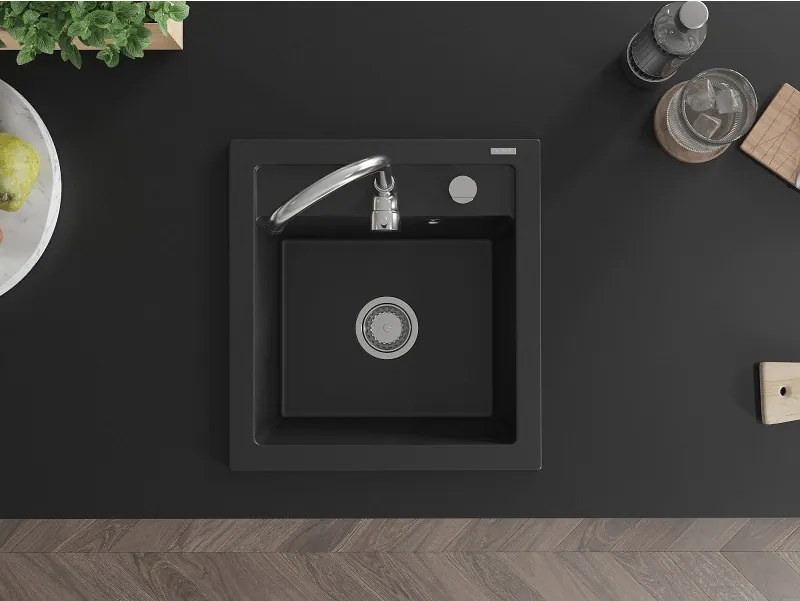 Mexen Vito gránit mosogató 1-medencés 520 x 490 mm, fekete, króm szifon - 6503521000-77