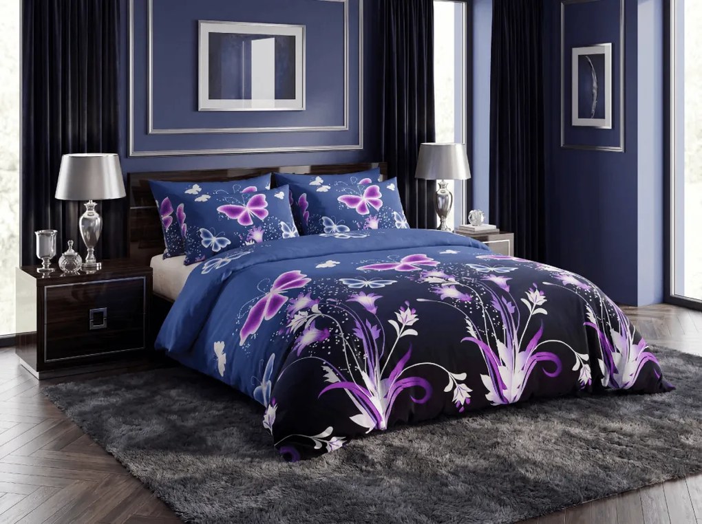 Mikroszálas ágynemű VIOLET BUTTERFLY sötétkék Ágyneműhuzat mérete: 2 db 70 x 90 cm | 200 x 220 cm