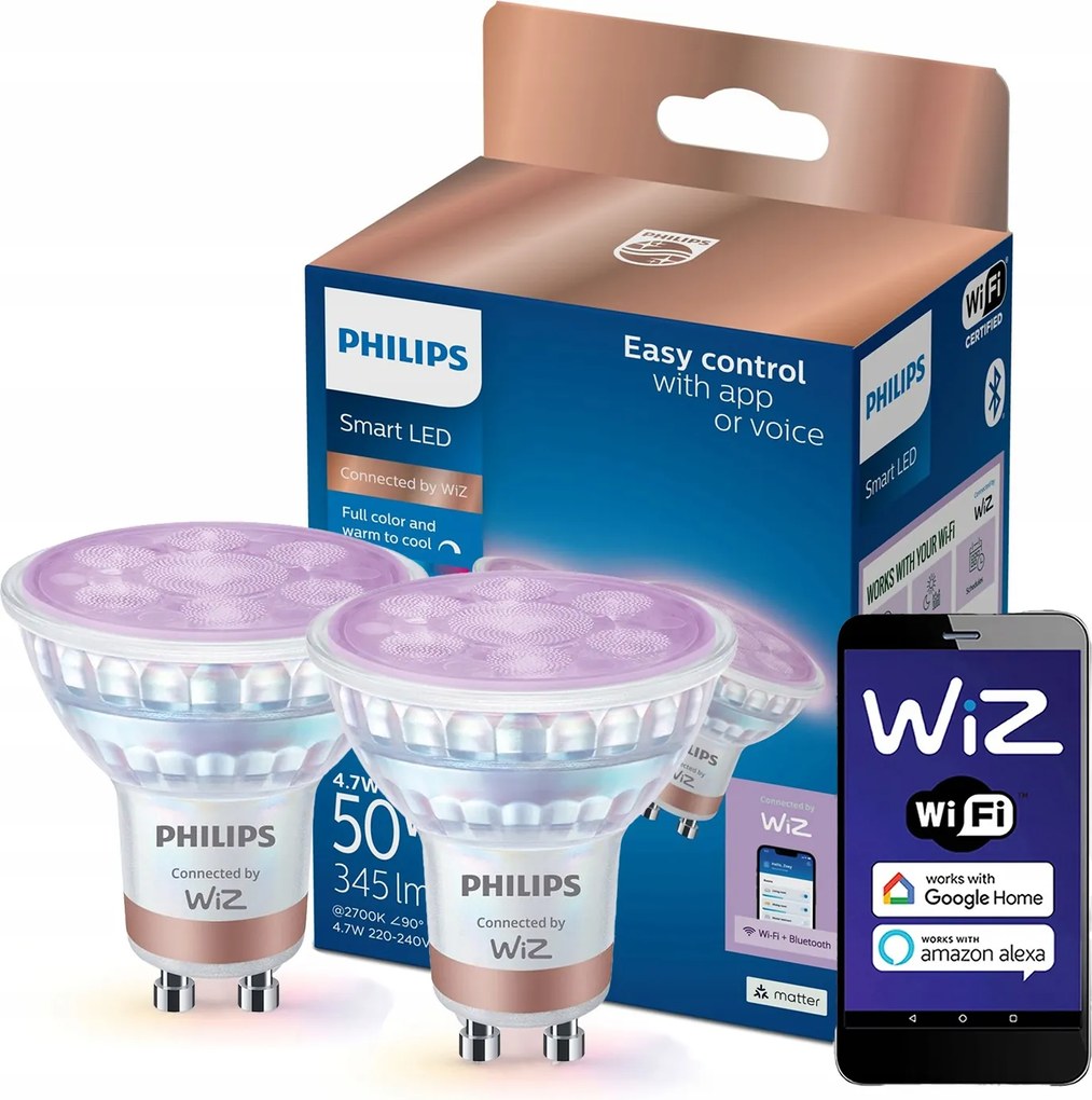 2x Led izzó GU10 4,7W 50W 2200-6500K Rgb 36° Smart WiFi Philips WiZ