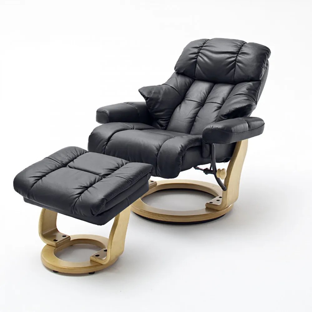 CALGARY Comfort XXL Fekete bőr relax fotel lábtartóval natúr lábbal