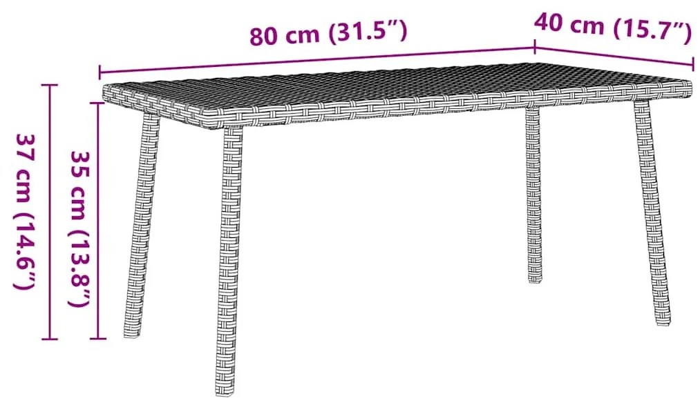 téglalap polyrattan kerti dohányzóasztal 80x40x37cm