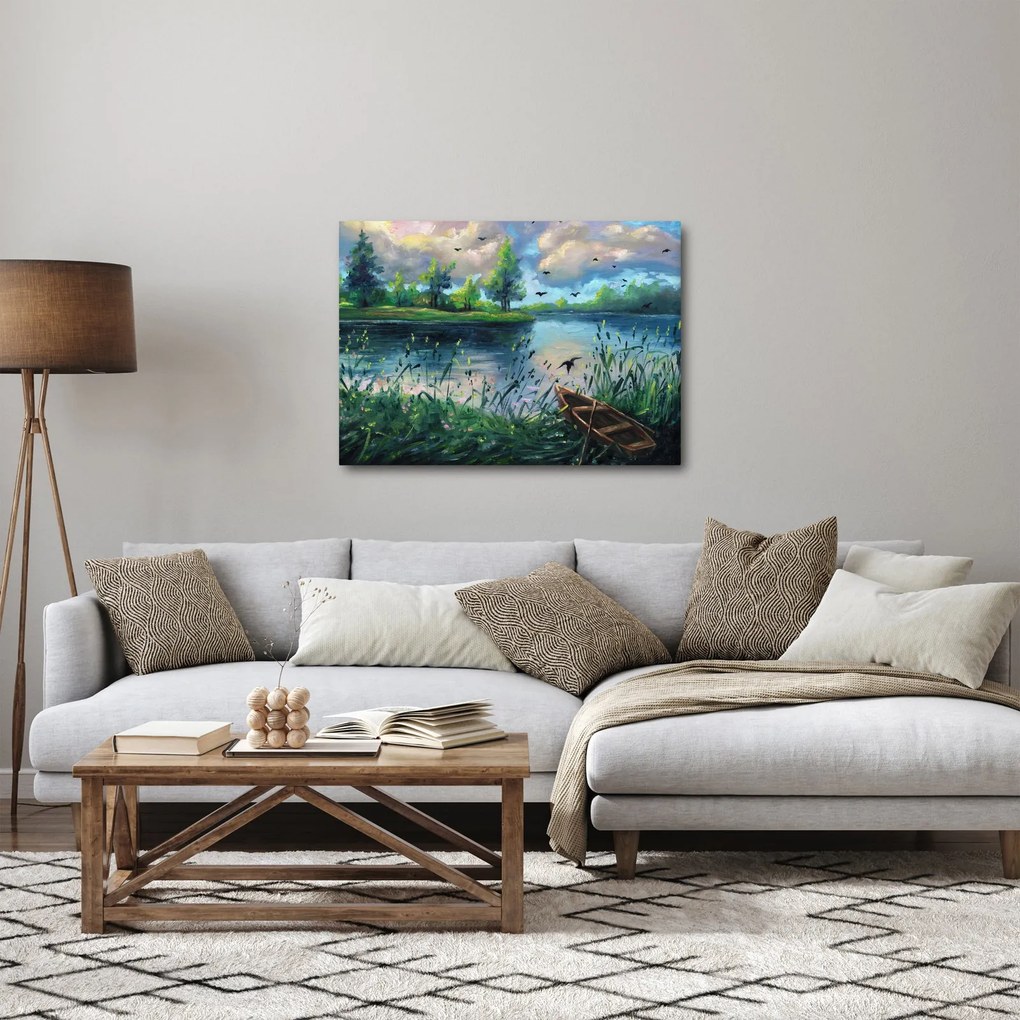 Kép - olajfestmény, Nyári este a tónál (70x50 cm)