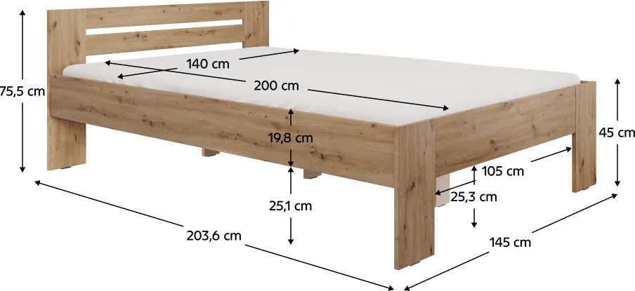 Ágy, 140x200, artisan tölgy, BASIS