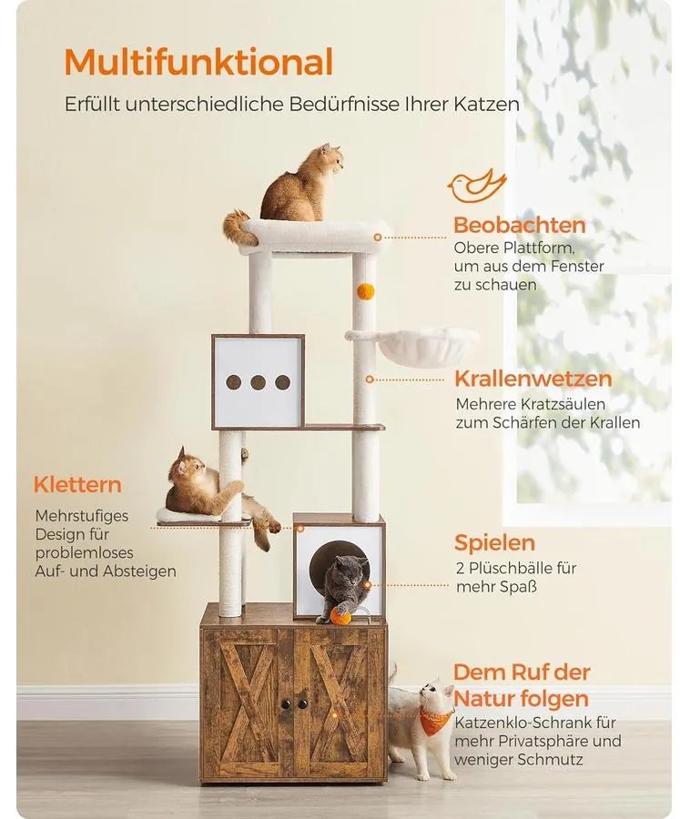 Macska kaparó, 185 cm magas macska kaparóoszlop alomdobozzal, rusztikus barna
