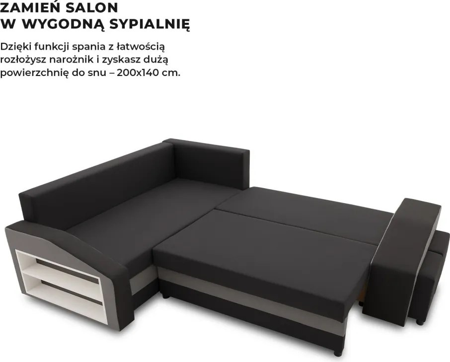 Grande sarokkanapé polcokkal és puffokkal , polc a bal karfaban puffok a jobb karfaban, baloldali, szövet anyag, bonell töltet, fekete - szürke