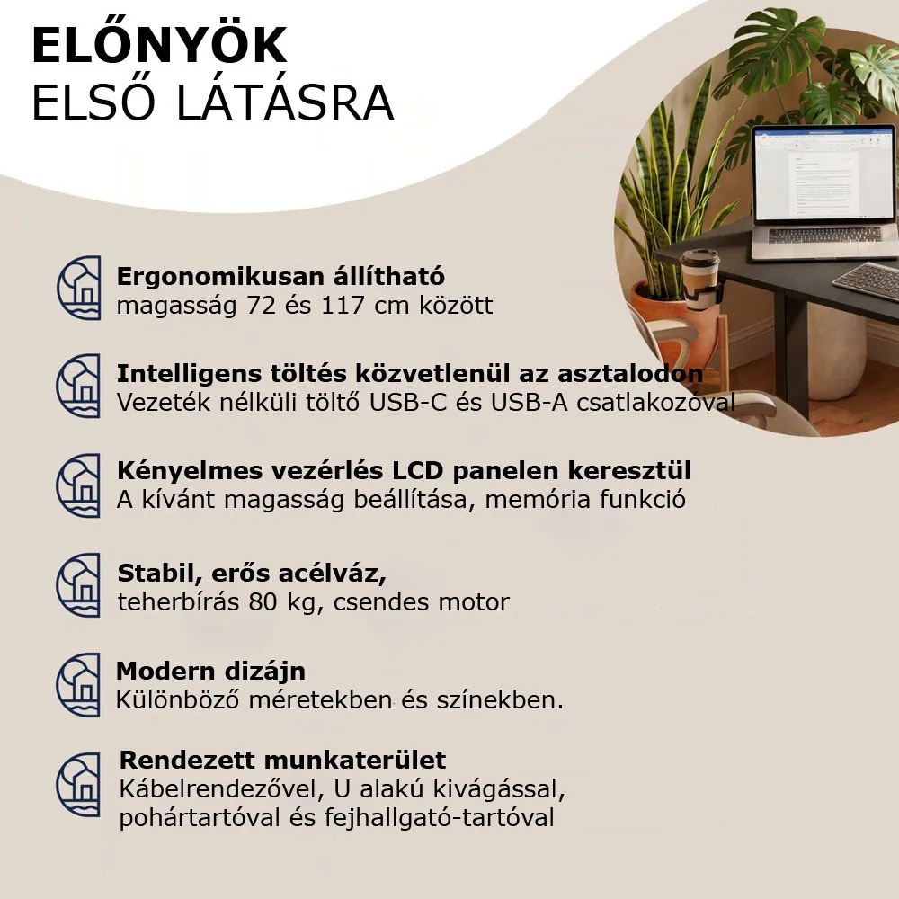 FLEXI állítható magasságú irodai íróasztal, 160x75x72–117cm, fekete Casaria