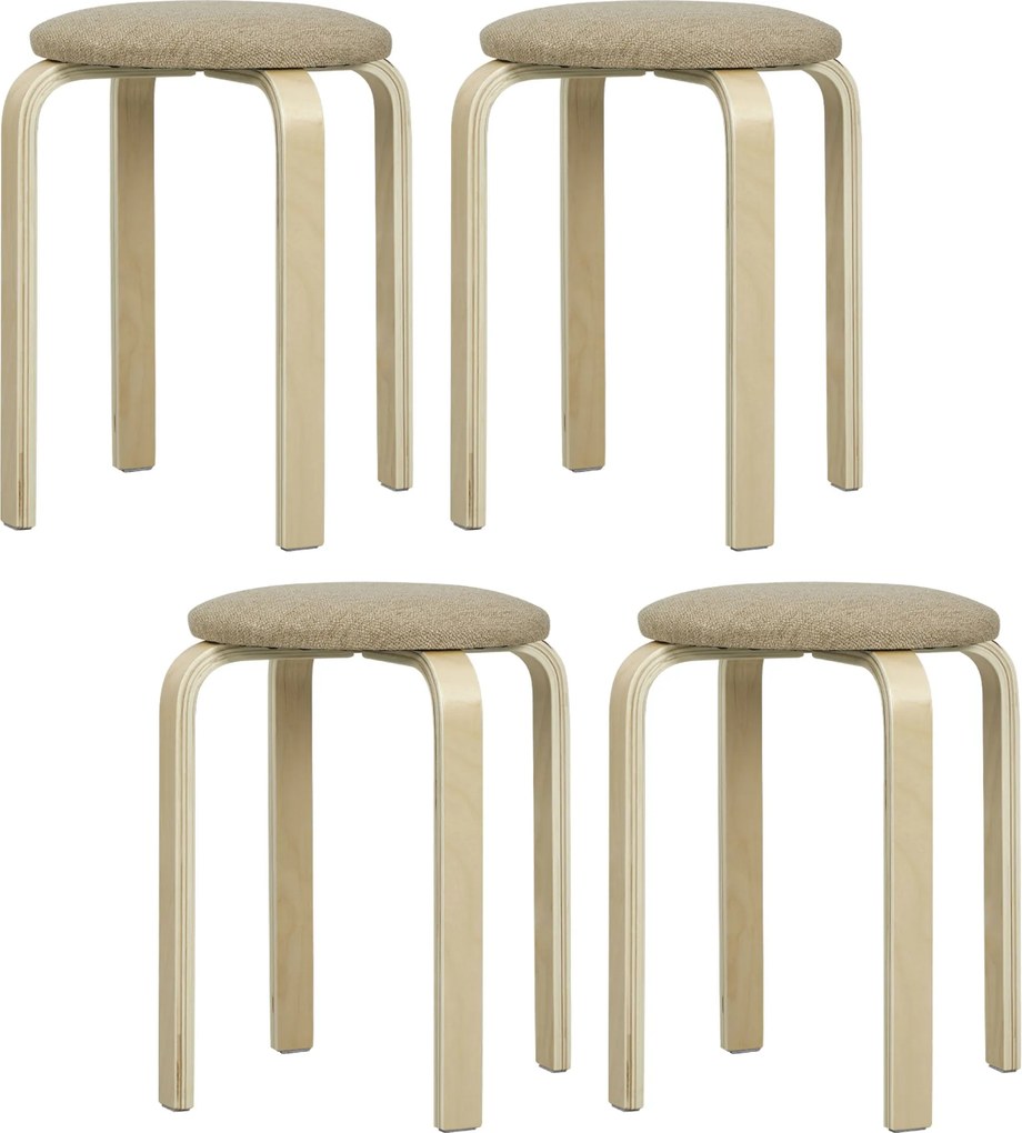 HOMCOM 4 db összerakható kerek fa bárszék alacsony konyhai székek párnázott ülőfelülettel étkezőbe, hálószobába, irodába, nappaliba - Khaki és termész