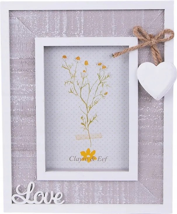 Szürke fa képkeret fehér patinával és szívvel Heleen 9x13 cm