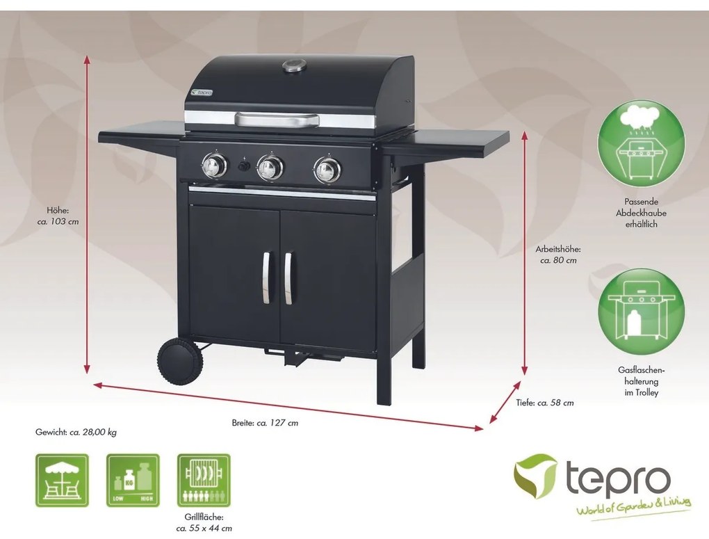 Tepro 3152 Mayfield gázgrill, 3 égő, 127 x 58 x103 cm