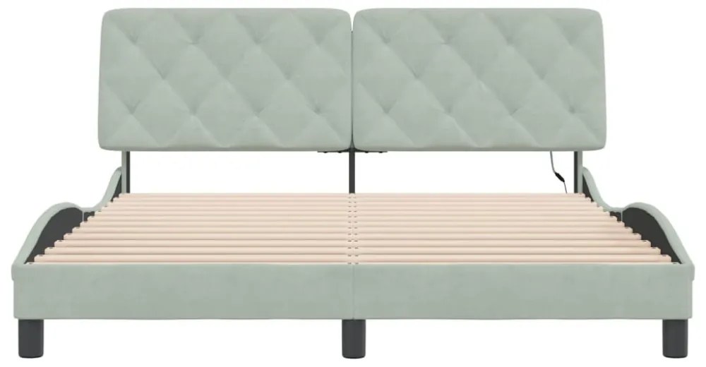 világosszürke bársony ágykeret LED-ekkel matrac nélkül 160 x 200 cm