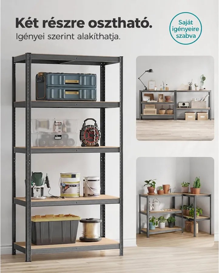 5 szintes fém tároló polc, teherbírás 600 kg, 50 x 100 x 200 cm, szürke