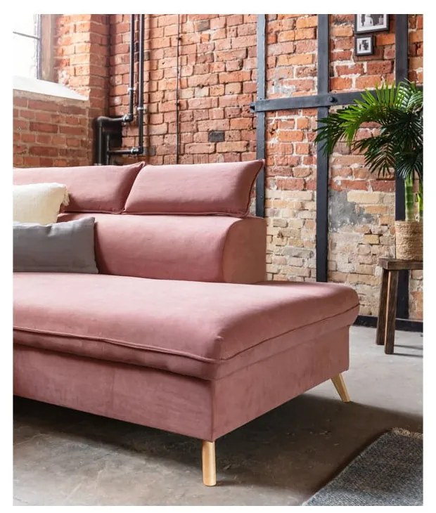 Világos rózsaszín bársony kinyitható sarokkanapé (jobb oldali-"U" alakú) Sweet Harmony – Miuform