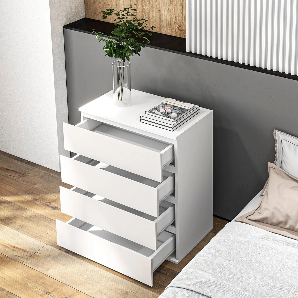 HOMCOM 4-fiókos Komód Modern Stílusú Tároló Szekrény Puha Zár Mechanizmussal - 60 x 40 x 80 cm, Fehér | Aosom
