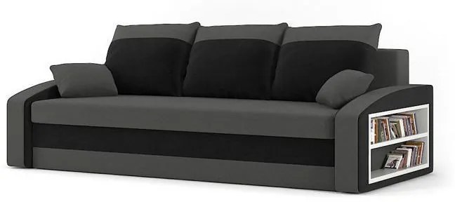 HEWLET kanapéágy polccal, normál szövet, hab töltőanyag, jobb oldali polc, szürke / fekete