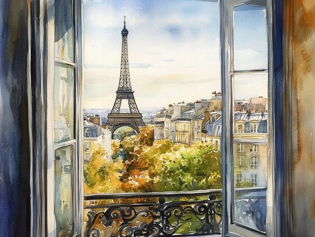Vászonkép Canvas Párizs Erkély Ablak Eiffel-torony Ősz Kilátás 100x75