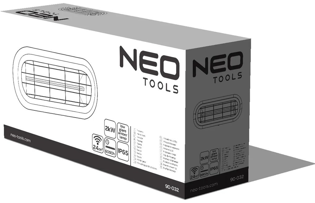 2000 W sugárzó fűtőtest, IP65, alacsony vakító erejű borostyánszínű fűtőtest 90-032