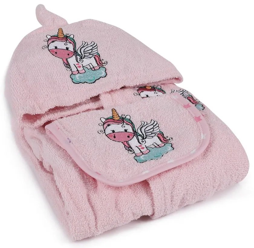 Rózsaszín pamut gyerek fürdőköpeny és fürdőlepedő szett 3 db-os 0-2 év Unicorn – Foutastic