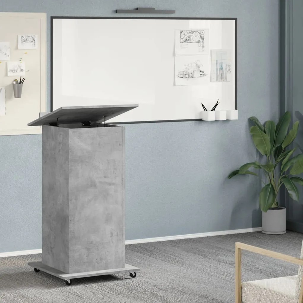 betonszürke szerelt fa állópult kerékkel és fiókkal 55x55x107cm