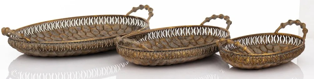 Antique keleties jellegű ovális dombormintás óarany 3db-os tálca szett 9x49x27 / 9x42x23 / 9x31x17cm