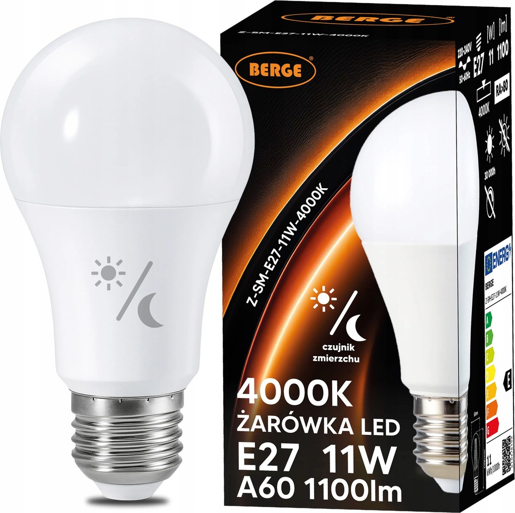 Led izzó E27 11W 1100lm Szürkület érzékelővel 4000K Semleges szín