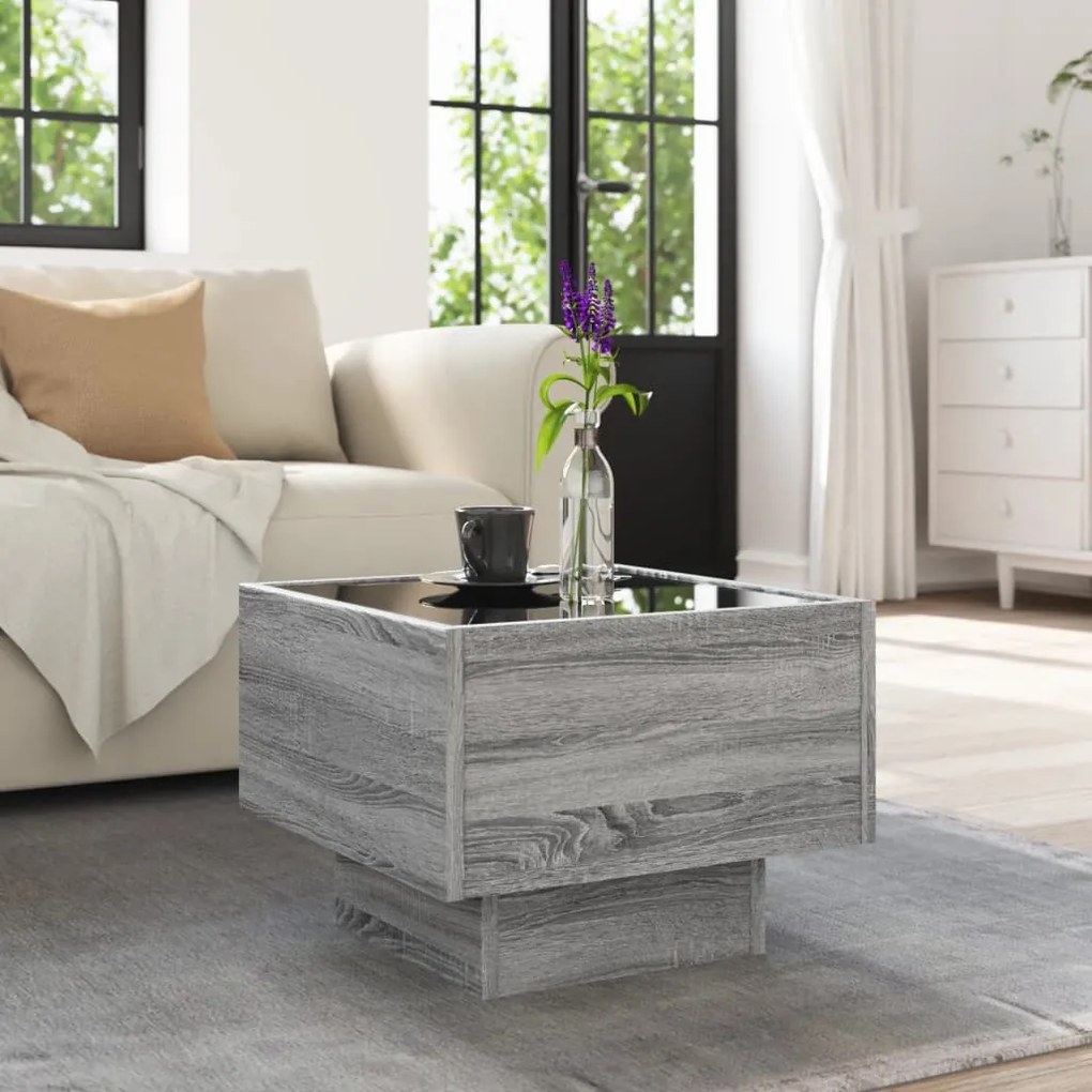 Szürke sonoma színű szerelt fa kisasztal LED-del 40x40x30 cm