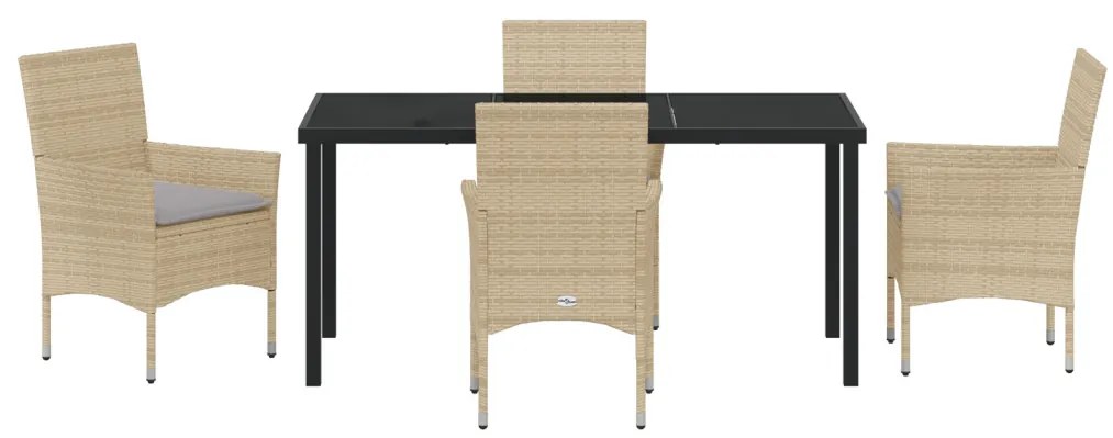 5 db-os Kerti Étkező Szett Párnázott Bézs Poli Rattan, Kerti Asztal Fekete 160x80x73 cm Edzett Üveg