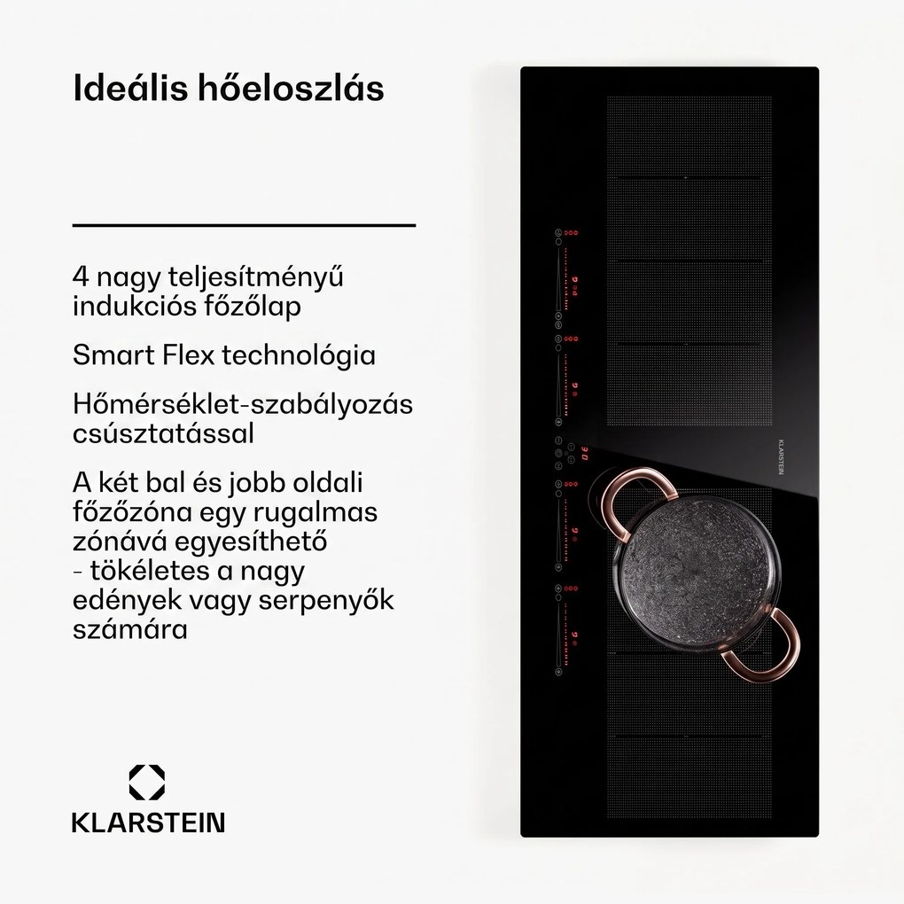 Klarstein Masterzone 90 Slim Flex, indukciós főzőlap, max. 7200 W, beépített, 4 zóna, 2 Flex zóna, ThermoBoost technológia, Smart Flex