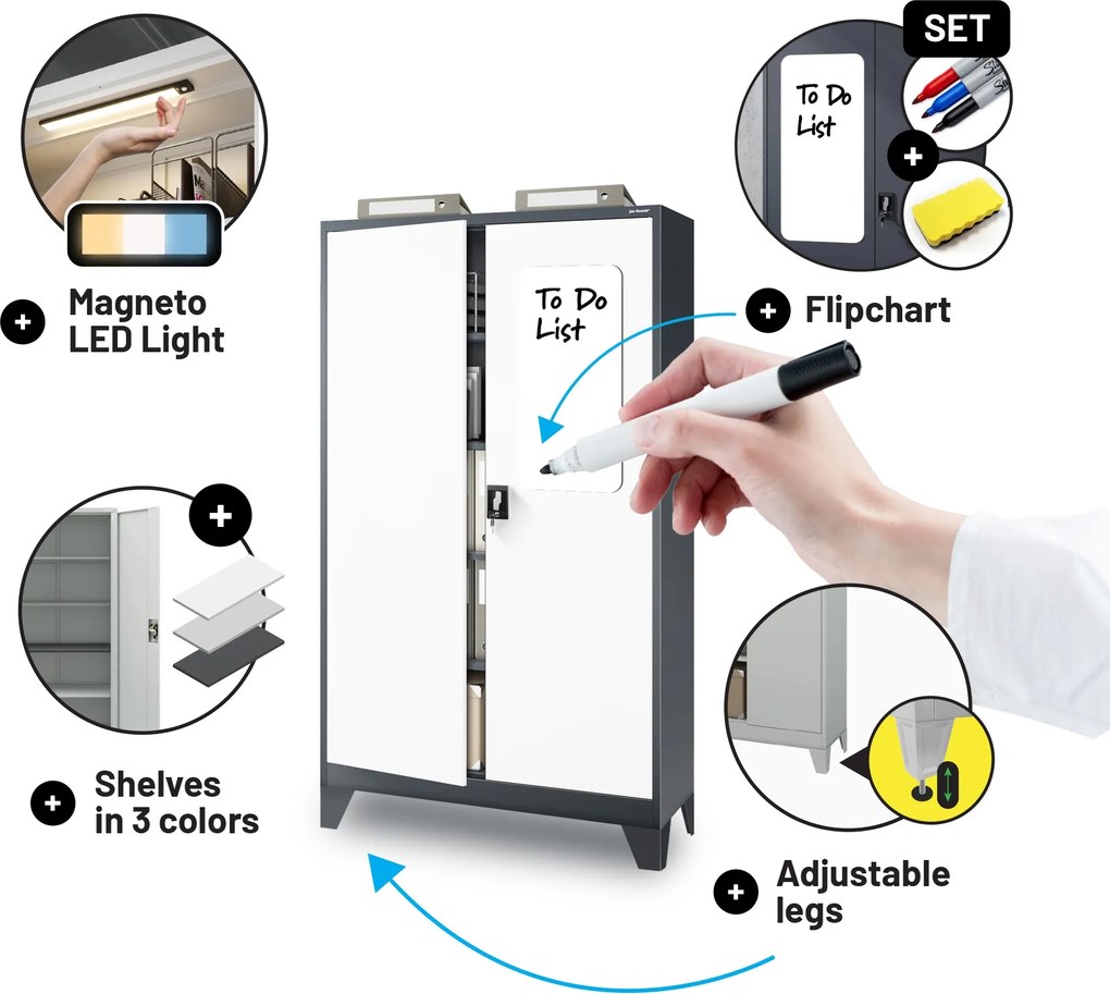 Fém iratszekrény JAN II, 1150 x 1850 x 400 mm, antracit-fehér
