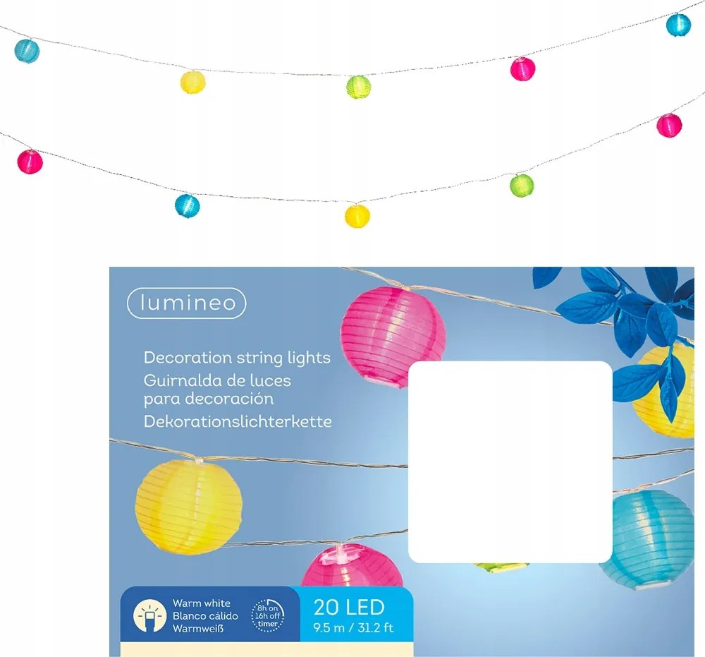 Kerti fényfüzér Színes lampionok 20 Led Meleg fehér 9,5m