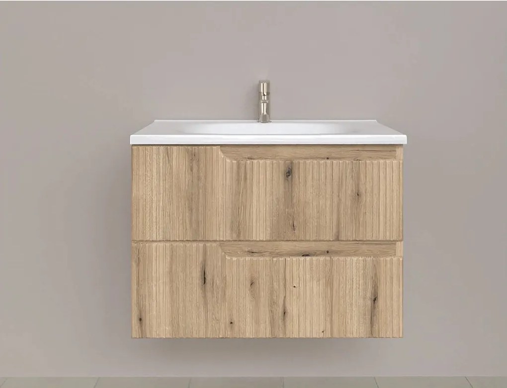 Piramida EURIDIKA fali fürdőszobabútor - műmárvány mosdóval -2 fiókos - PINO TÖLGY - 75 x 48 x 53 cm