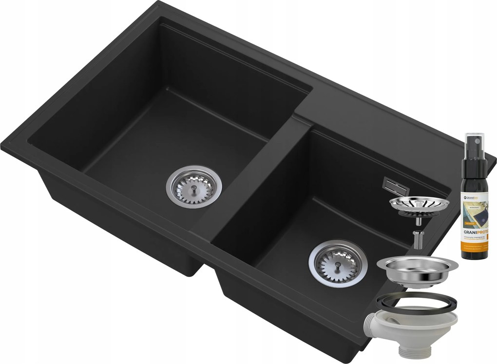 Mosogató Kétrekeszes Hektor Fekete Gránit Szifon Króm