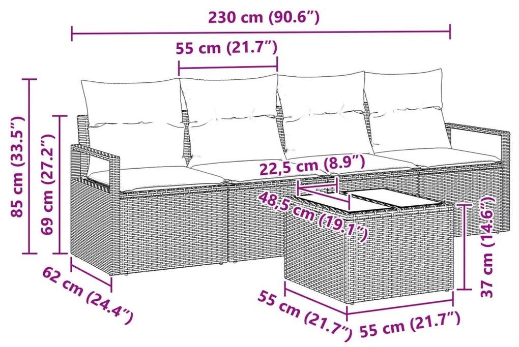 5 darabos kertibútor szett párnákkal fekete poli rattan, 2 személyes kertibútor párnákkal fekete poli rattan