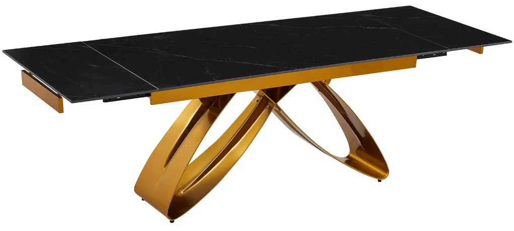Fekete Márványhatású Bővíthető Kerámia Asztal Arany Lábbal. LUIGI 160-240 cm