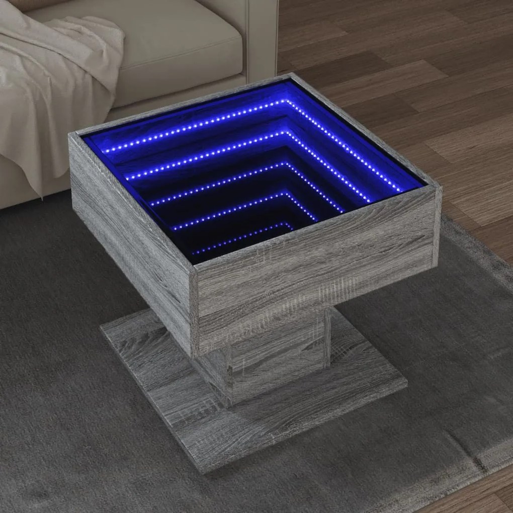 Szürke sonoma szerelt fa dohányzóasztal LED-del 50 x 50 x 45 cm