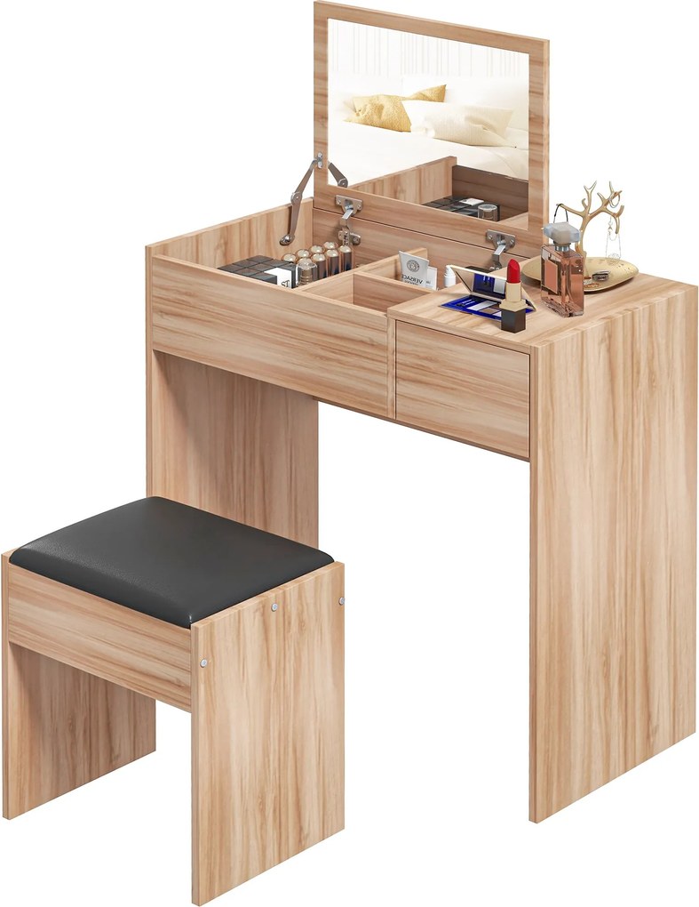 HOMCOM Sminkasztal Székkel – Sminkasztal Forgatható Tükörrel és Tárolódobozokkal 80x40x79 cm és 40x30x40 cm Természetes | Aosom