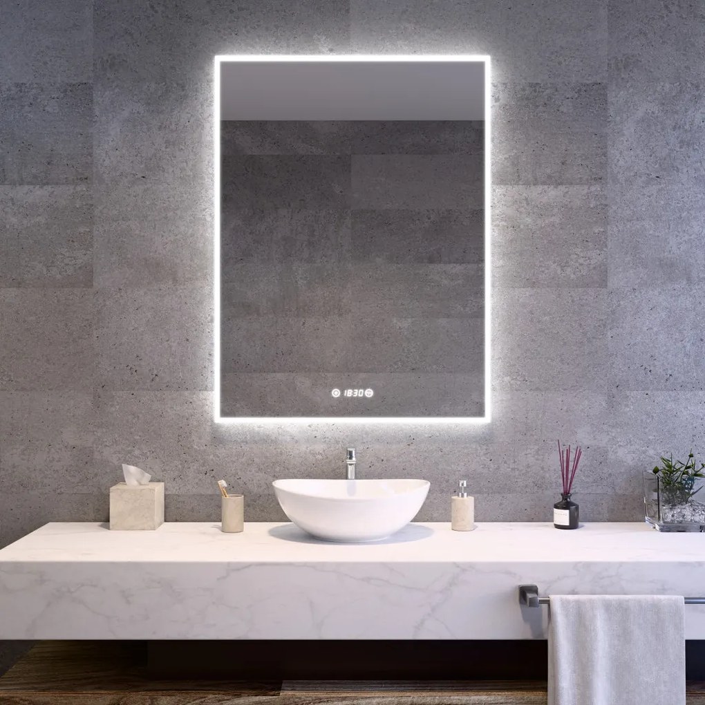 Álló fürdőszobai LED tükör 75x100cm | Páramentesítő funkció - Óra - Fényerő és színhőmérséklet szabályozás | Welland Luxury-Line G772