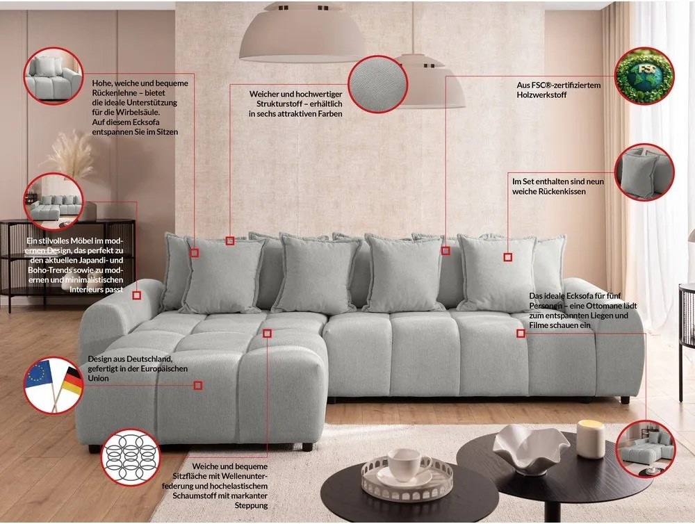 Világosszürke sarokkanapé (bal oldali-heverő résszel) Albane – Ropez