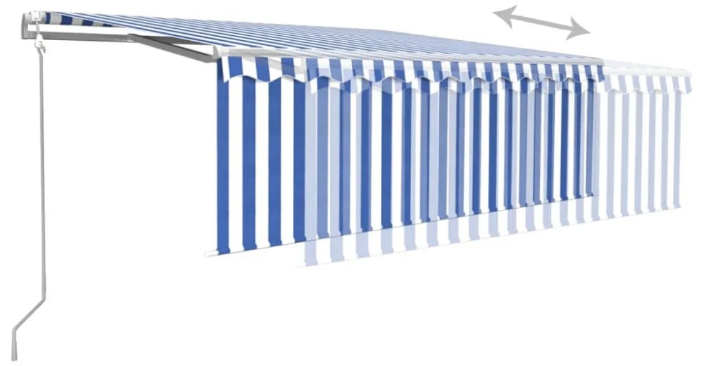 kék és fehér redőnyös, szélérzékelős, LED-es napellenző 4,5x3 m