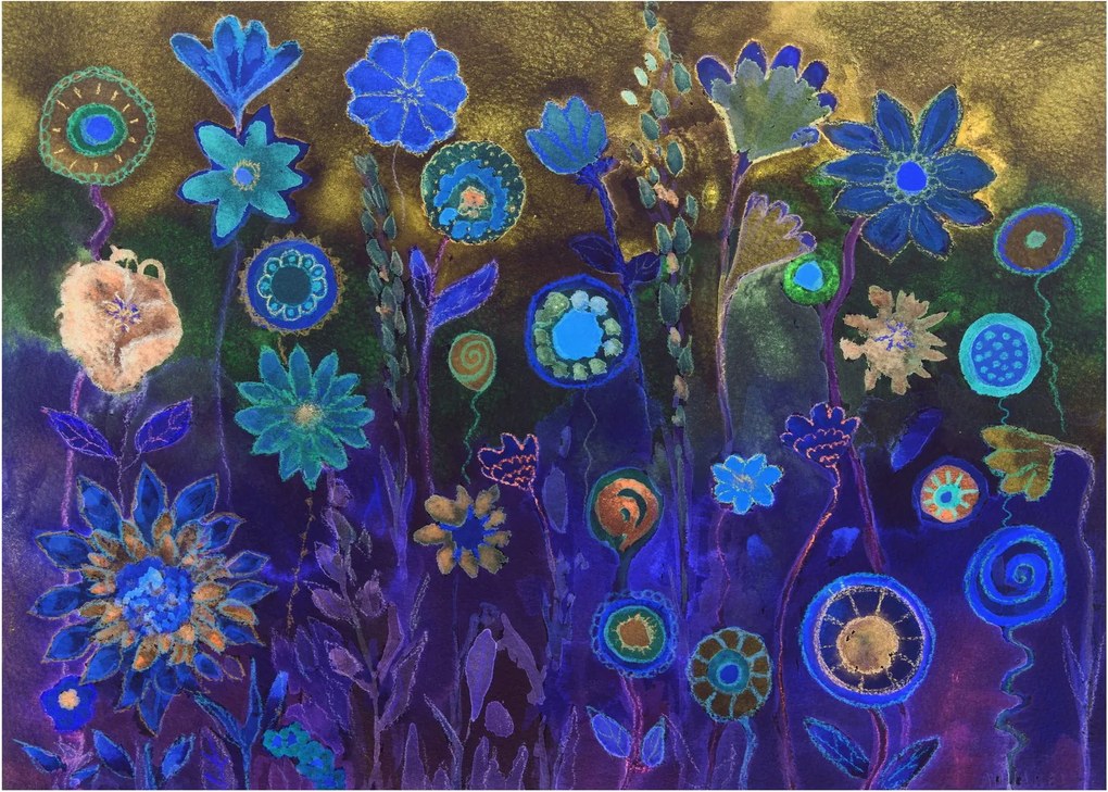 Sötétkék virágok képe (üvegen) (70x50 cm)