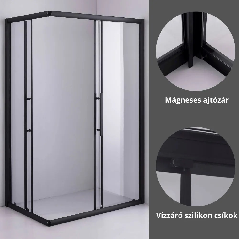 Stuxi Nizza Black 100x80 cm aszimmetrikus két tolóajtós zuhanykabin 6 mm vízlepergető biztonsági üveggel, fekete elemekkel, 190 cm magas, zuhanytálcával és szifonnal