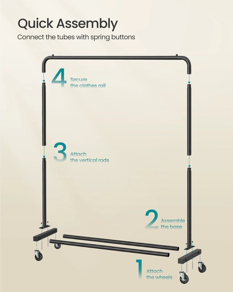 Ruhaszárító kocsi, gurulós ruhatartó, 2 zárható kerékkel, tintafekete