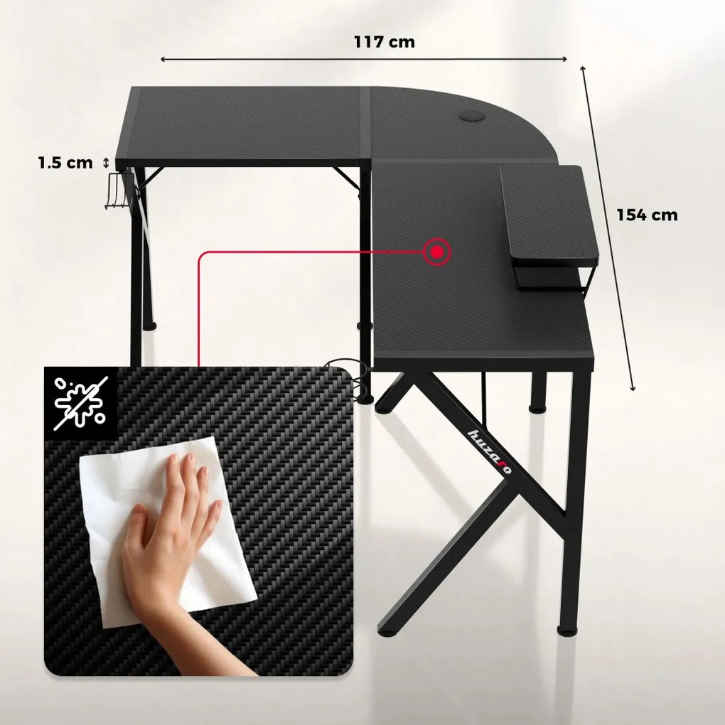 Sarok gamer asztal, 154x117cm, fekete