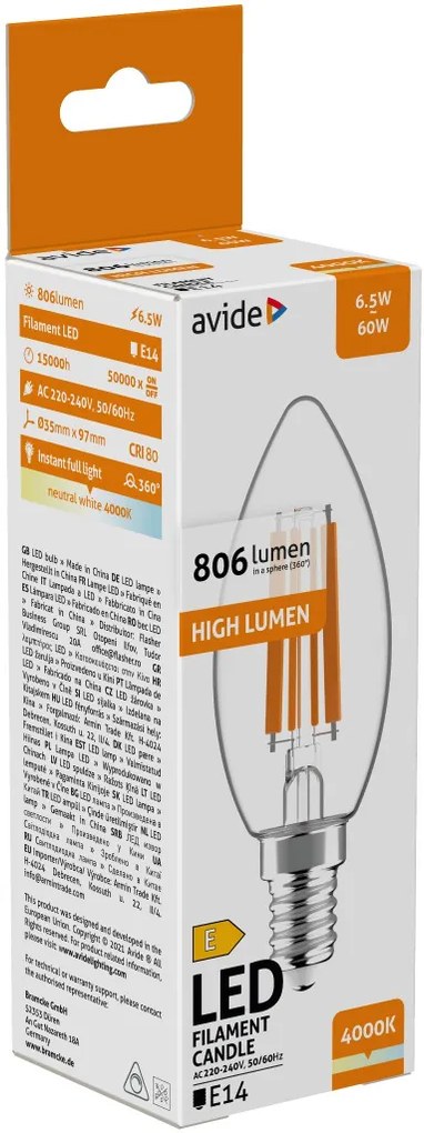 Avide LED Filament Candle 6.5W E14 806LM NW 4000K High Lumen