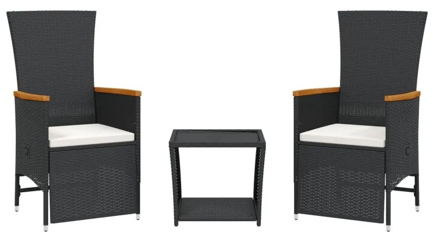 3 részes fekete polyrattan kerti étkezőgarnitúra párnákkal