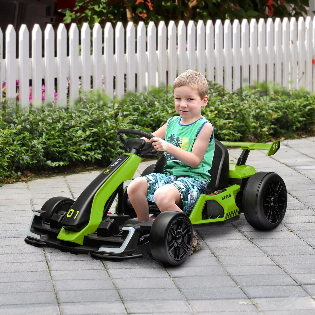 HOMCOM Elektromos Go-Kart 6-12 Éves Gyerekeknek 24V 6-12km/h Állítható Üléssel, 2 Motorral, Drift Go-Kart Hanggal, Fényekkel és Zenével, Zöld | Aosom